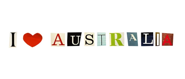Ich liebe Australien mit Magazinbuchstaben auf weißem Hintergrund — Stockfoto