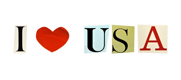 Ik hou van Verenigde Staten gevormd met tijdschrift letters op een witte achtergrond — Stockfoto