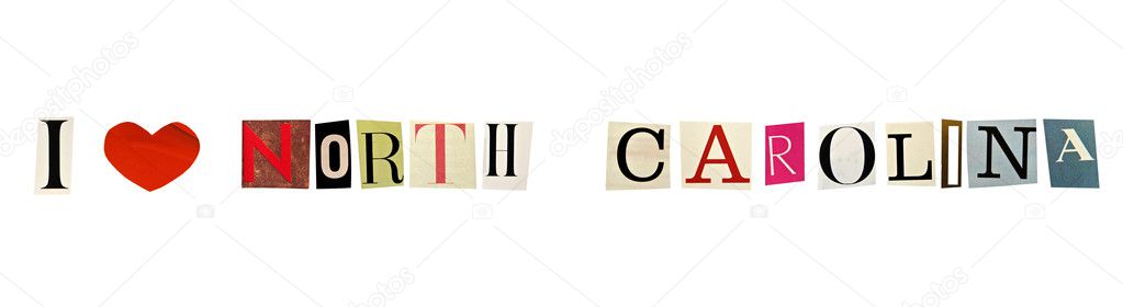 I Love North Carolina formed with magazine letters on a white background