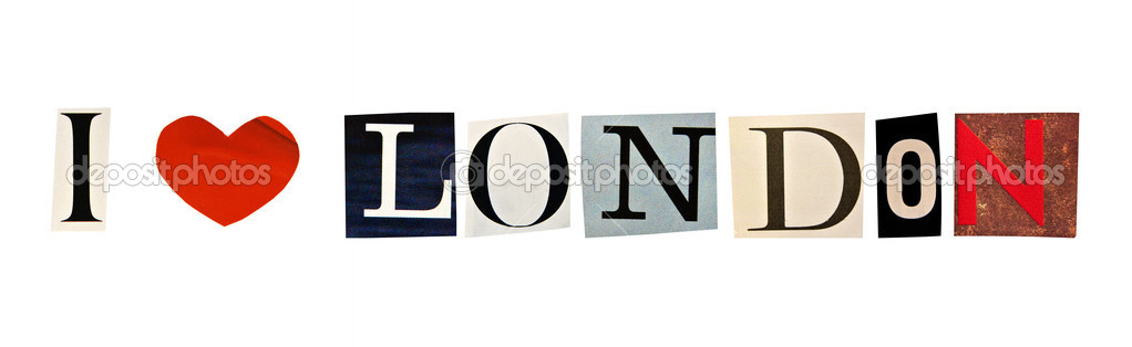 I Love London formed with magazine letters on a white background