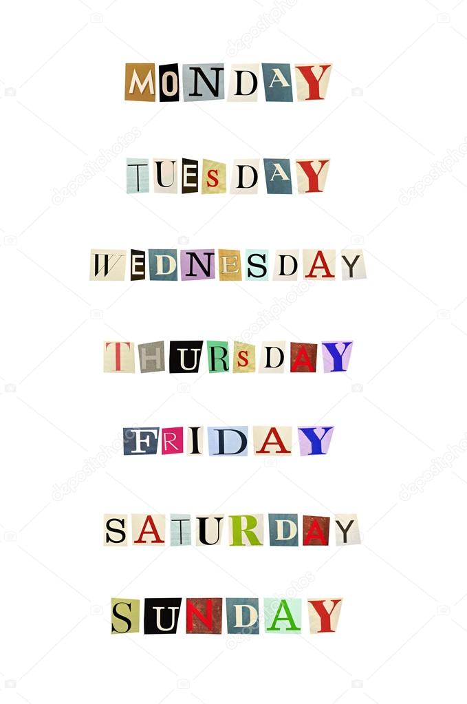 The weekdays formed with magazine letters on a white background