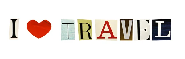 I Love Travel formado com letras de revista em um fundo branco — Fotografia de Stock