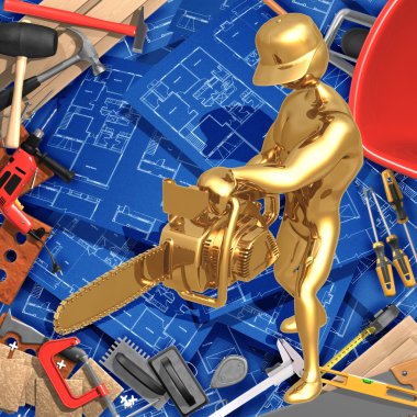 Elektrikli testere ile 3D inşaat ev geliştirme kavramı