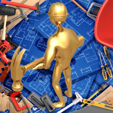 çekiç ile 3D inşaat ev geliştirme kavramı