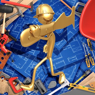 duvar çekiç ile 3D inşaat ev geliştirme kavramı