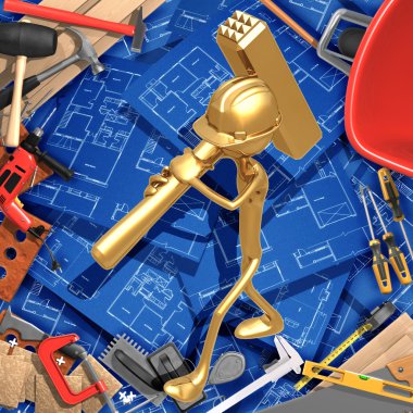 duvar çekiç ile 3D inşaat ev geliştirme kavramı