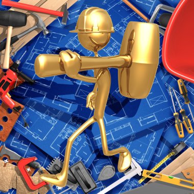 duvar çekiç ile 3D inşaat ev geliştirme kavramı