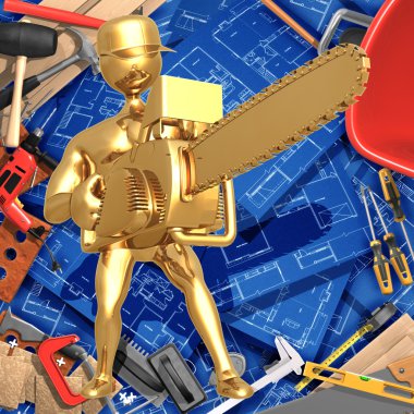 Elektrikli testere ile 3D inşaat ev geliştirme kavramı