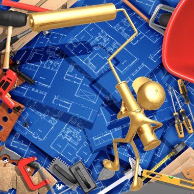 boya silindiri ile 3D inşaat ev geliştirme kavramı