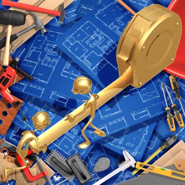 3D ev geliştirme inşaat kavramı ile şerit metre