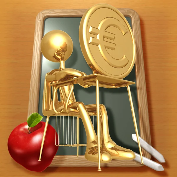 Little Golden Student With A Gold Coin On School Desk — Stock Photo, Image