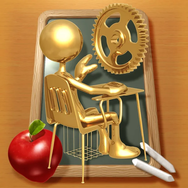 Pequeno estudante dourado com uma engrenagem de ouro acima da mesa da escola — Fotografia de Stock