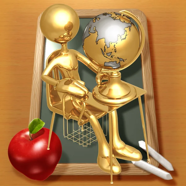Little Golden Student With A Globe On School Desk — Stock Photo, Image