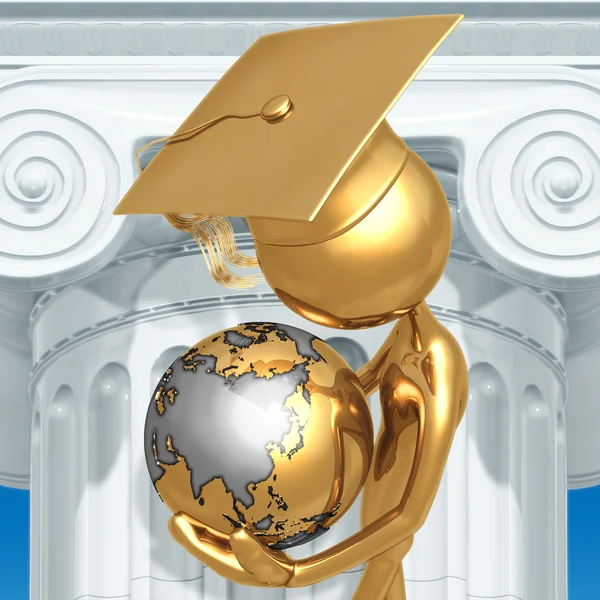 Grad dourado com mundo em mãos Conceito de graduação — Fotografia de Stock