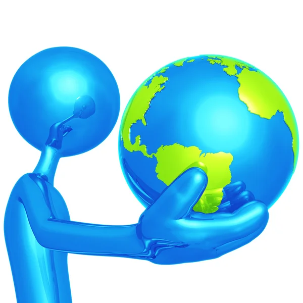 Blue Guy With World On His Finger — Stock Photo, Image