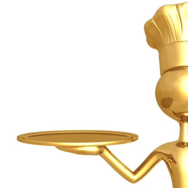 Goldener Koch mit leerem Serviertablett — Stockfoto