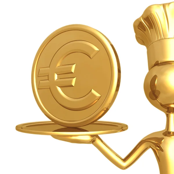 Gouden chef-kok serveert een munt — Stockfoto