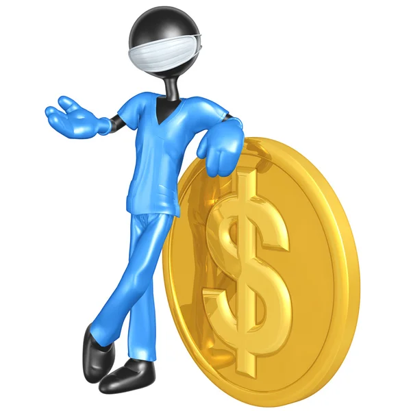3D персонаж лікаря з доларовою монетою — стокове фото