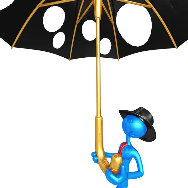 Empresario sosteniendo un paraguas gigante con agujeros — Foto de Stock