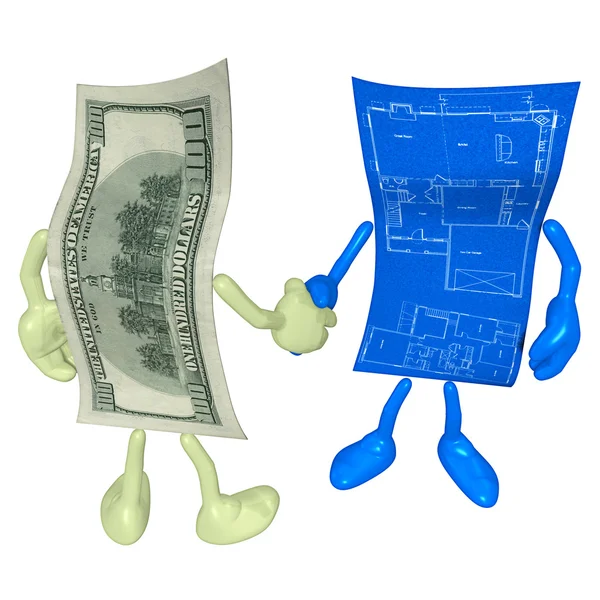Dinheiro Home Construction Blueprint Handshake — Fotografia de Stock