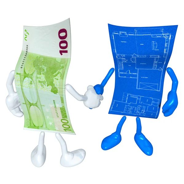 Money Home Construction Blueprint Handshake — Stock Photo, Image