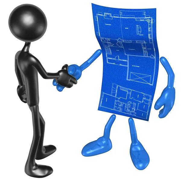 Home Construction Blueprint Handshake — Stock Photo, Image