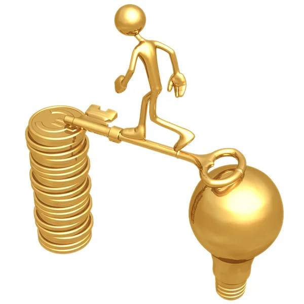 Ponte chave dourada entre uma ideia e moedas — Fotografia de Stock