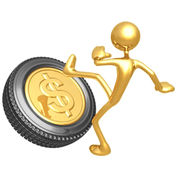 Kicking The Gold Dollar Tire — Stock Photo, Image