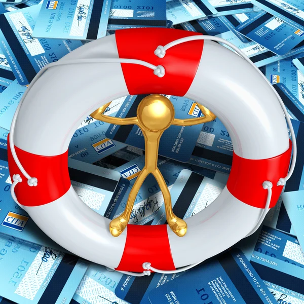 Gold Guy In Lifebuoy On Sea Of Credit Cards — Stock Photo, Image
