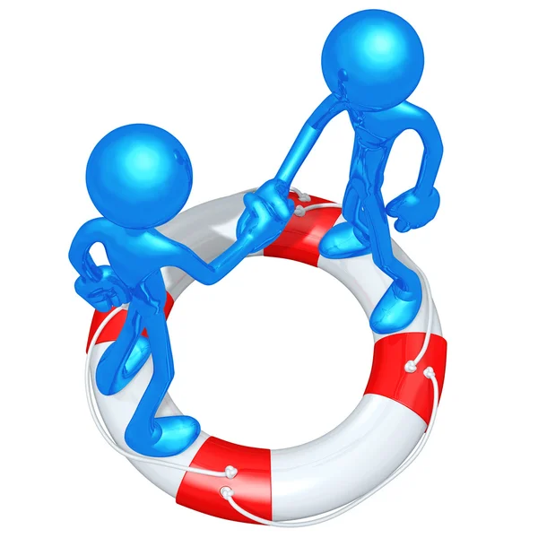 3D Characters Shaking Hands On A Lifebuoy — Stock Photo, Image