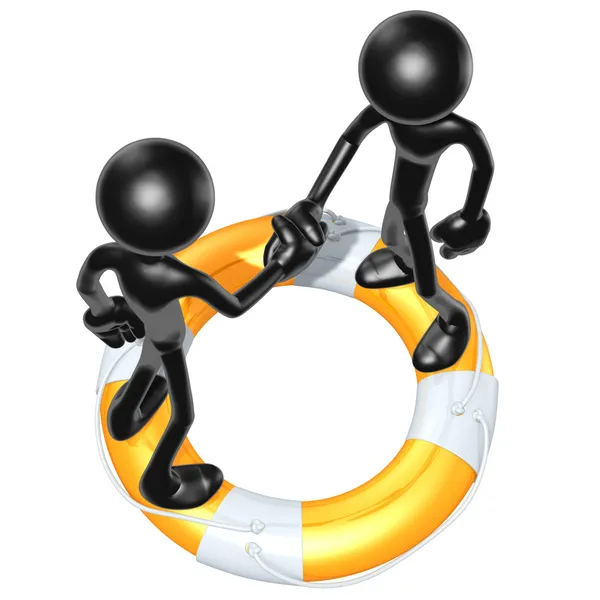 3D Characters Shaking Hands On A Lifebuoy — Stock Photo, Image