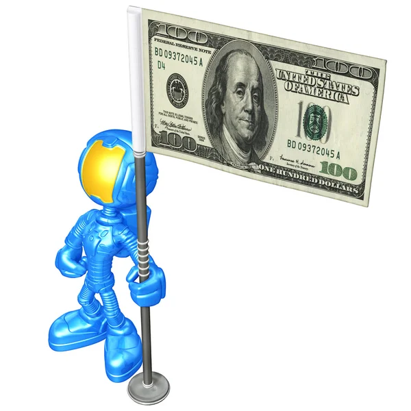 Mini astronauta com bandeira de dinheiro — Fotografia de Stock
