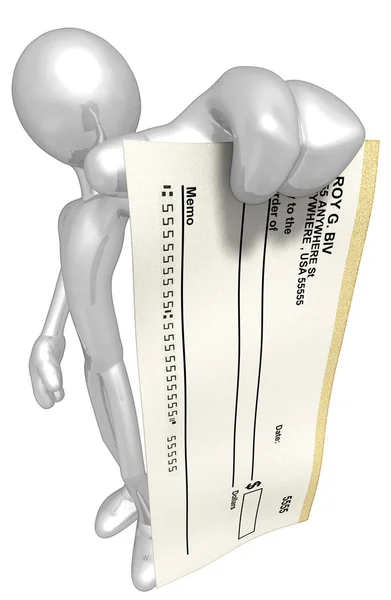 Personaje 3D con cheque en blanco — Foto de Stock