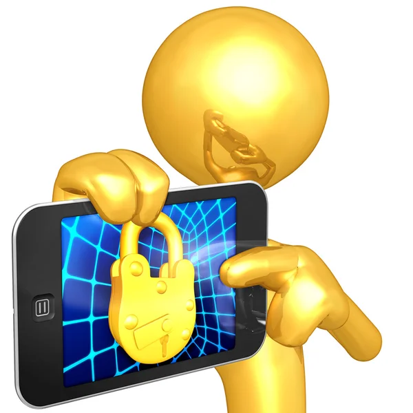 Gold Guy With Touch Screen Gold Lock — Stock Photo, Image