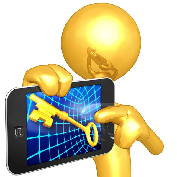 Gold Guy With Touch Screen Gold Key — Stock Photo, Image