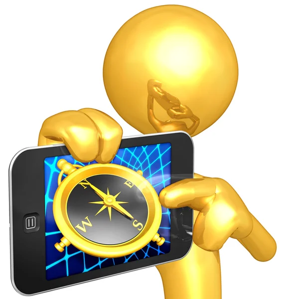 Gold Guy With Touch Screen Compass Navigation — Stock Photo, Image