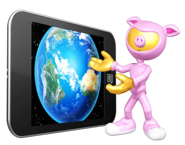 Animal suit guy with touch screen — Stock Photo, Image