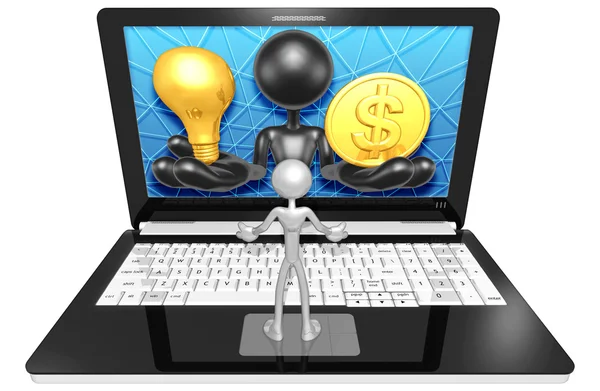 Lâmpada e dólar no laptop — Fotografia de Stock