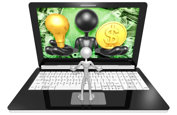 Žárovka a dolar na laptop — Stock fotografie