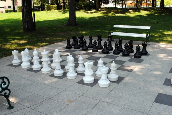 Великий шаховий набір в парку з лавками — стокове фото