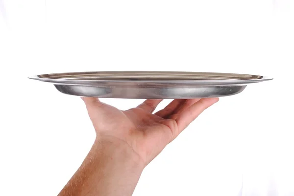 el üzerinde beyaz izole bir servis tepsisi taşıyabilir