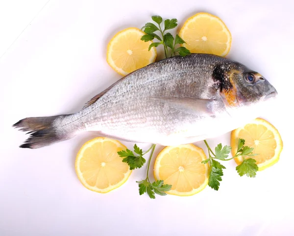 Raw sea fish with lemon slices and parsley — Stock Photo, Image