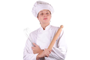 genç kadın baş şef beyaz izole bir oklava ile