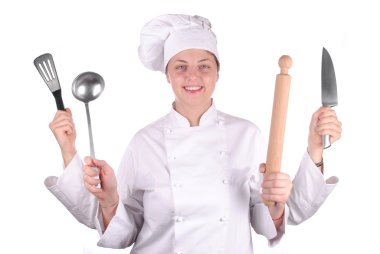 Serious young female chef with four hands, isolated on white