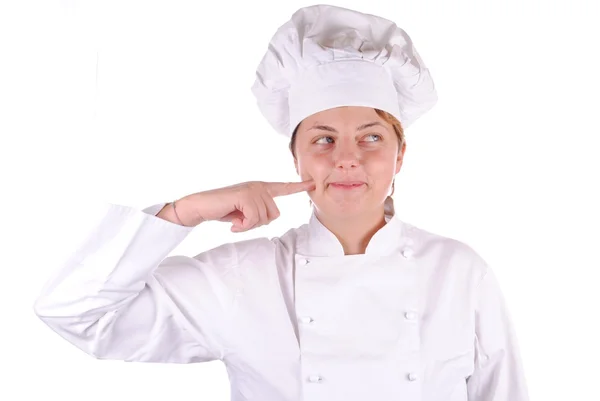 Jeune femme chef exécutif pointer sa joue, isolé sur blanc — Photo