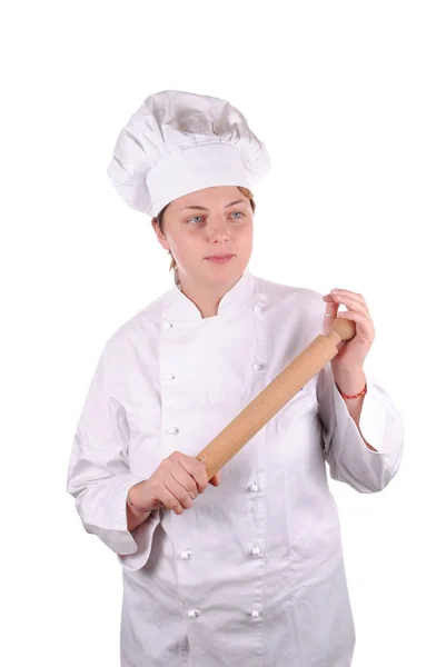 Joven chef ejecutiva con un rodillo, aislado en blanco — Foto de Stock