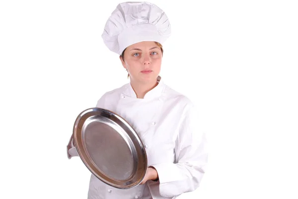 Joven chef ejecutiva con bandeja para servir, aislada en blanco —  Fotos de Stock