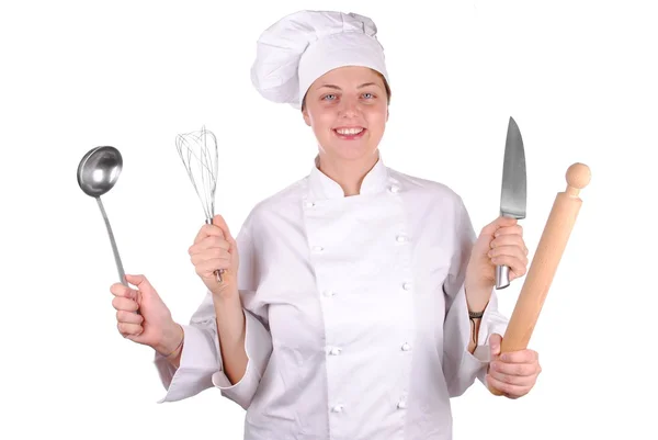 Vážné mladá žena šéfkuchař s čtyři ruce, izolované na bílém — Stock fotografie