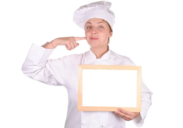 흰색 절연 빈 메뉴 로그인 보여주는 젊은 여성 요리사 — 스톡 사진
