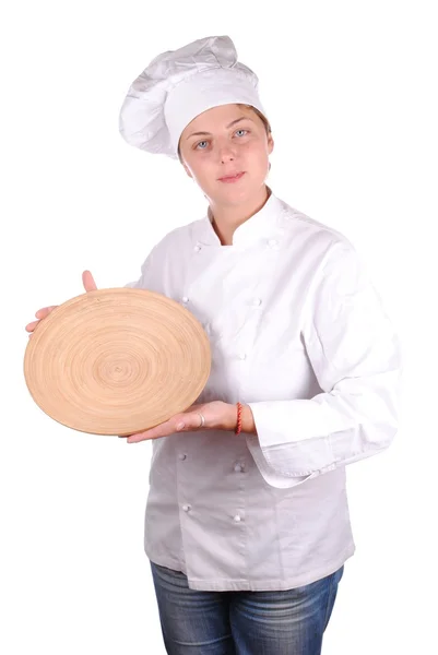显示木盘，在白色孤立的年轻女厨师 — 图库照片